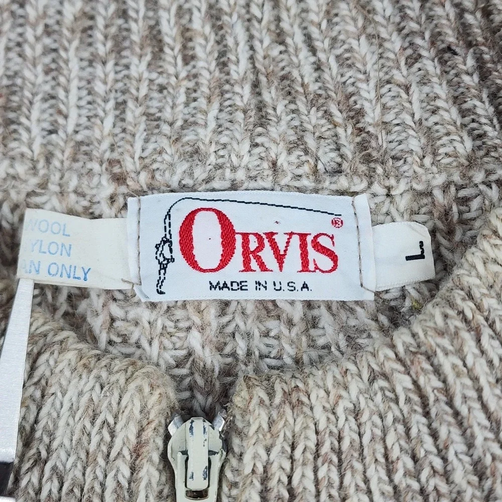 Orvis Sweater Mens L Tan Wool Blend Full Zip Elbow Patch Made in USA 90s Vintage